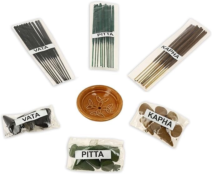 Handmade Wooden Incense Burner & Storage Box Set with 45 Incense Sticks & 21 Cones – Ayurveda Vata Pitta Kapha Aromatherapy Holder with Ceramic & Wooden Stand, Meditation Gift Set