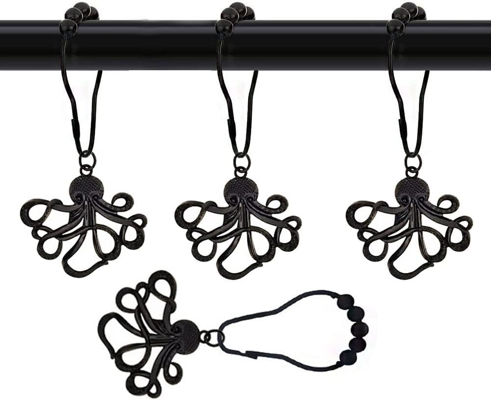 12Pcs Decorative Octopus Shower Curtain Hooks for Bathroom Rod, Black