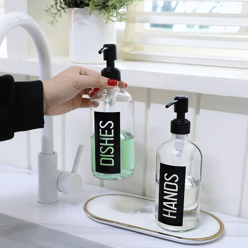 JASAI 2Pack 18OZ Glass Soap Dispenser with Black Hand & Dish Printed Label
