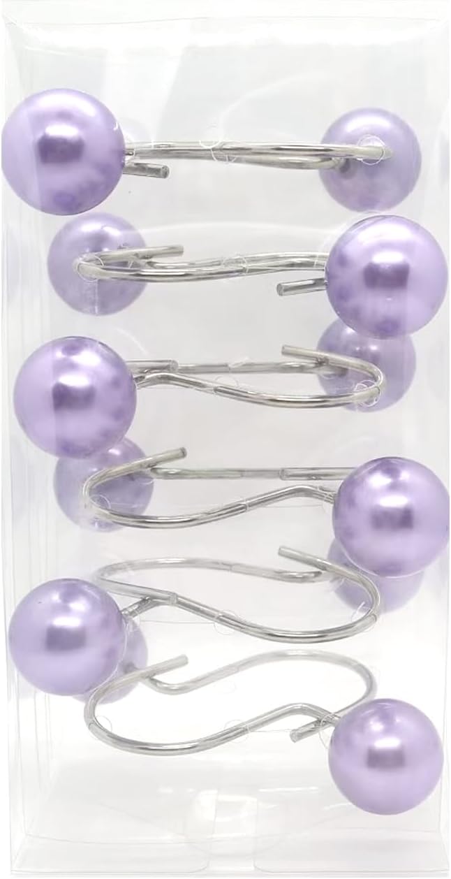 Pearl Shower Curtain Hooks, 12PCS Stainless Steel Anti Rust Artifical Pearl Decorative Shower Curtain Hooks Cute Theme Shower Curtain Hooks for Bathroom Bedroom Room Decor (Purple)