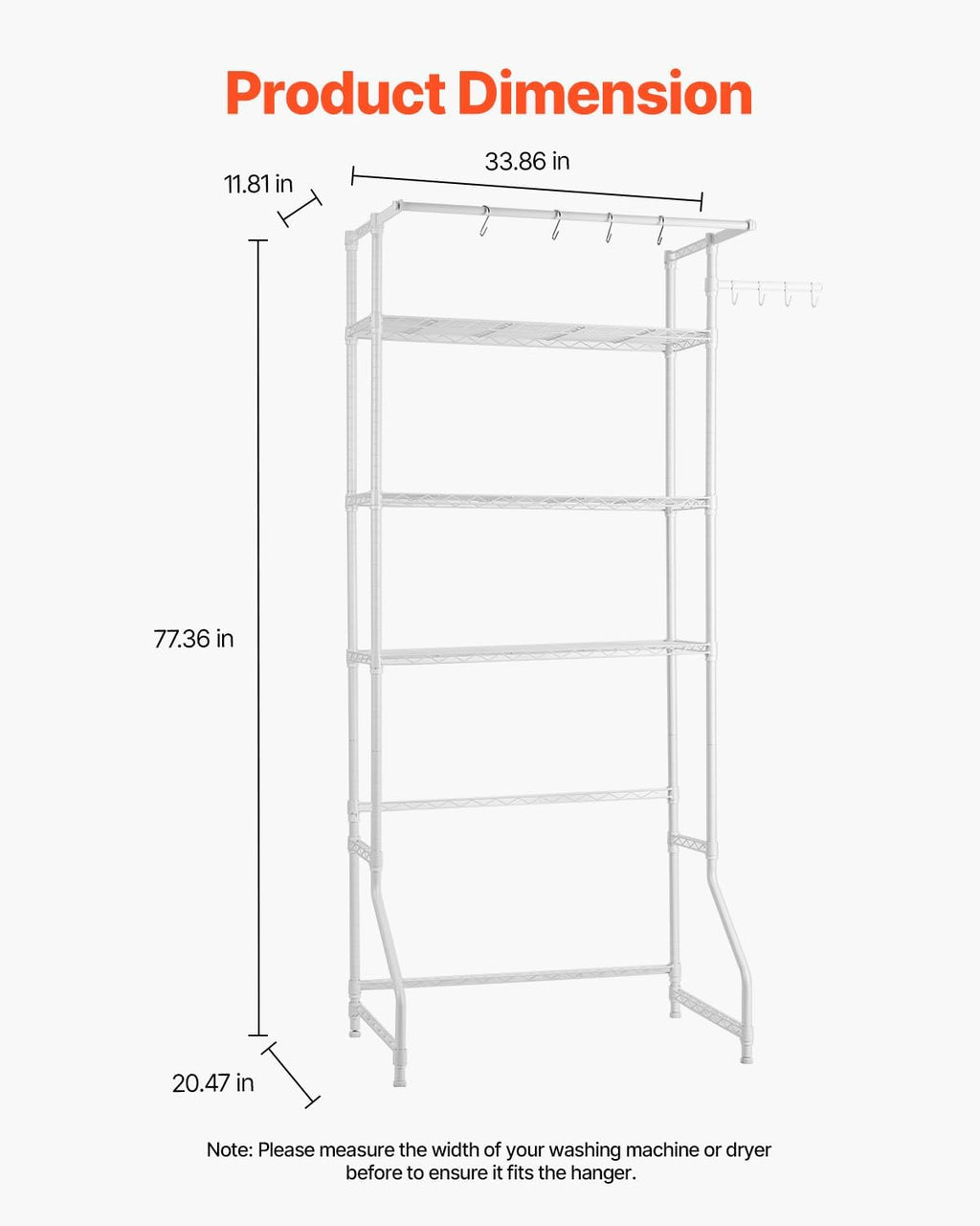 VEVOR Over the Washer and Dryer Storage Shelf, 3 Tier Laundry Room Drying Rack with Hanger Rod and Hooks, Adjustable Over Washer and Dryer Shelves, Laundry Room Shelf Storage Space Saver, White