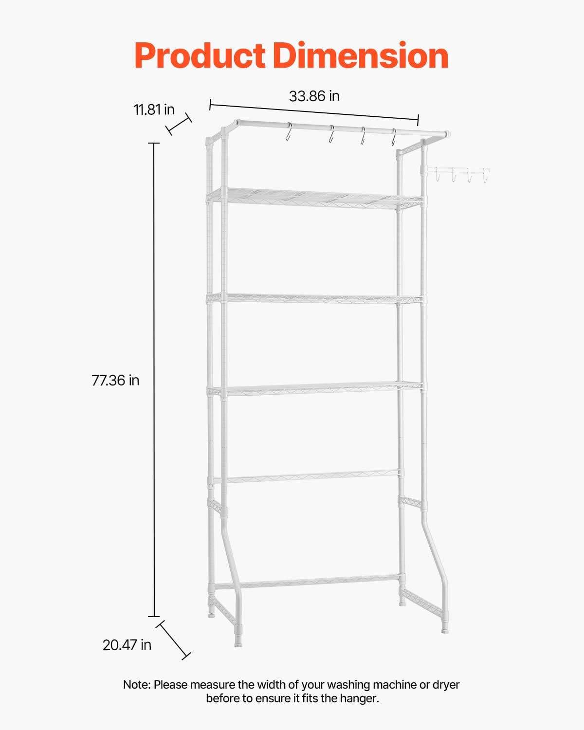 VEVOR Over the Washer and Dryer Storage Shelf, 3 Tier Laundry Room Drying Rack with Hanger Rod and Hooks, Adjustable Over Washer and Dryer Shelves, Laundry Room Shelf Storage Space Saver, White