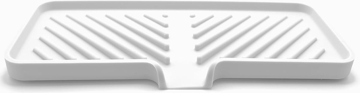 Silicone Soap Dish Tray and Sponge Holder with Drain Chute and Feet | 3-Way Sloped Design | Bathroom and Kitchen Sink Organizer Caddy (White, 10"x4", 7.8 Ounces)