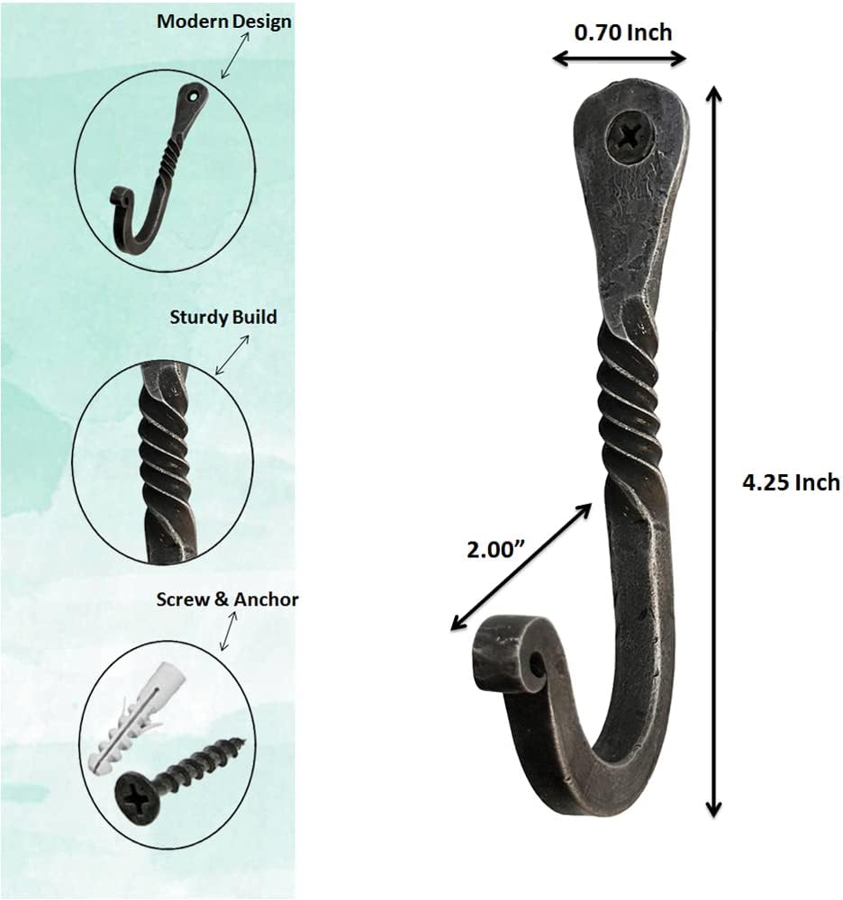 Living Ideas Hand Forged Twisted Wall Hook - Wrought Iron Handmade Coat Hooks - Blacksmith Metal Wall Kitchen Towel Hooks Rack - Black Antique Finish