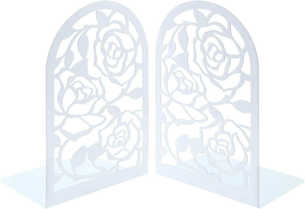Elegant Rose Bookends Hollow-Out Rose Flower Book Ends Shelves Organizer Metal Book Stands Journal Book Holder Reading Room Decorative Bookends Library Book Stoppers for Office Home School (White)