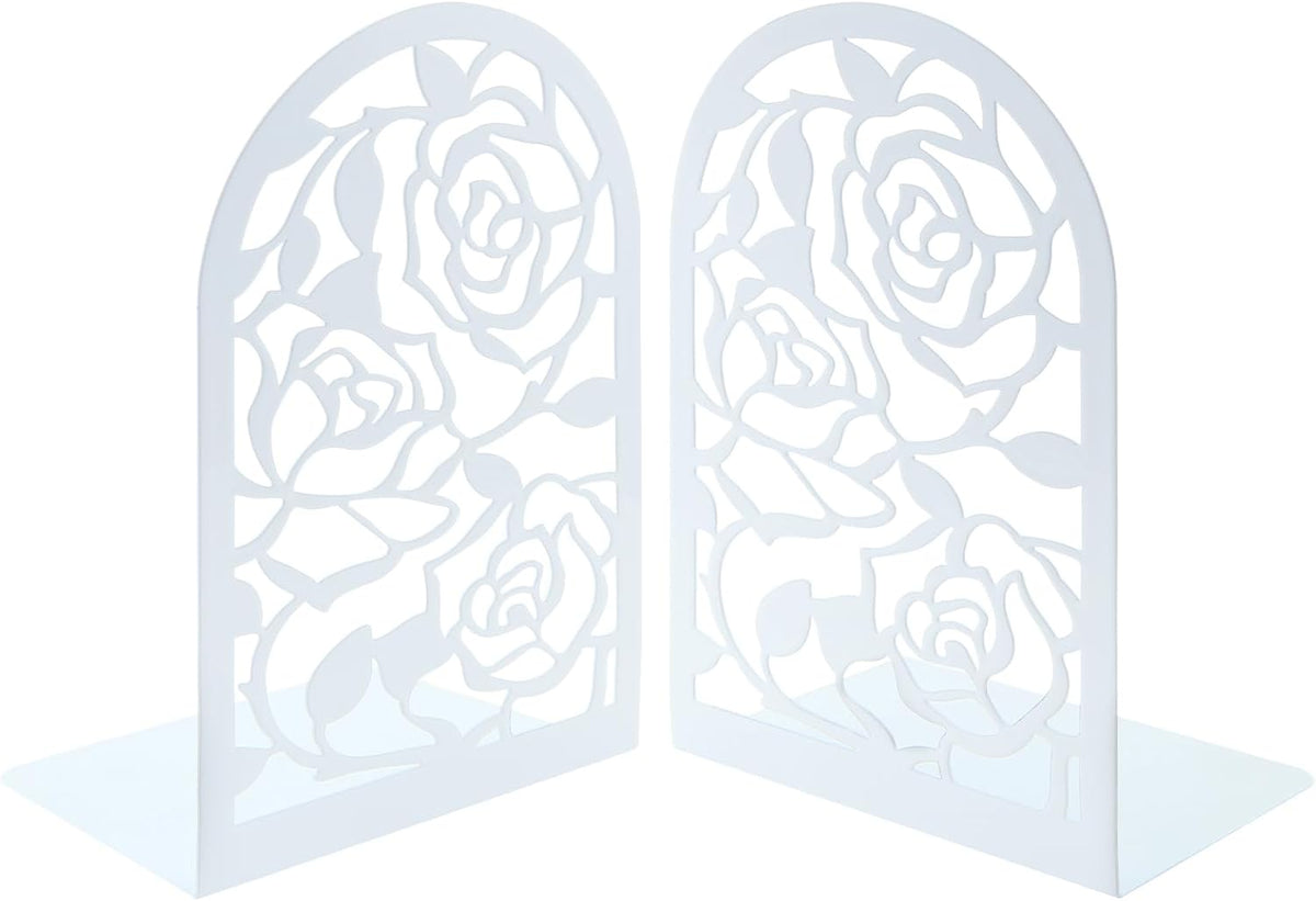 Elegant Rose Bookends Hollow-Out Rose Flower Book Ends Shelves Organizer Metal Book Stands Journal Book Holder Reading Room Decorative Bookends Library Book Stoppers for Office Home School (White)