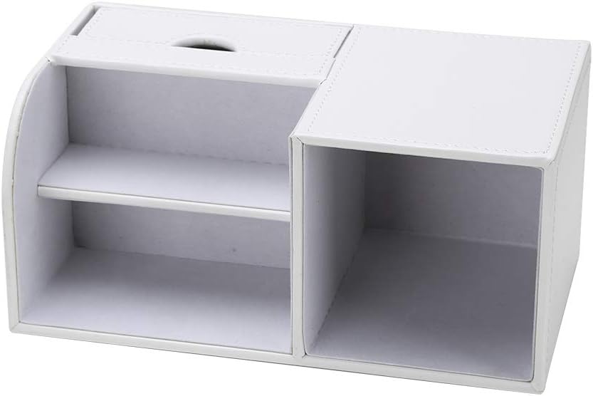 KINGFOM Desk Organizer Office Supplies Caddy Pu Leather Multi-function Storage Box Pen/Pencil,Cell phone, Business Name Cards Remote Control Holder with Small Drawer White