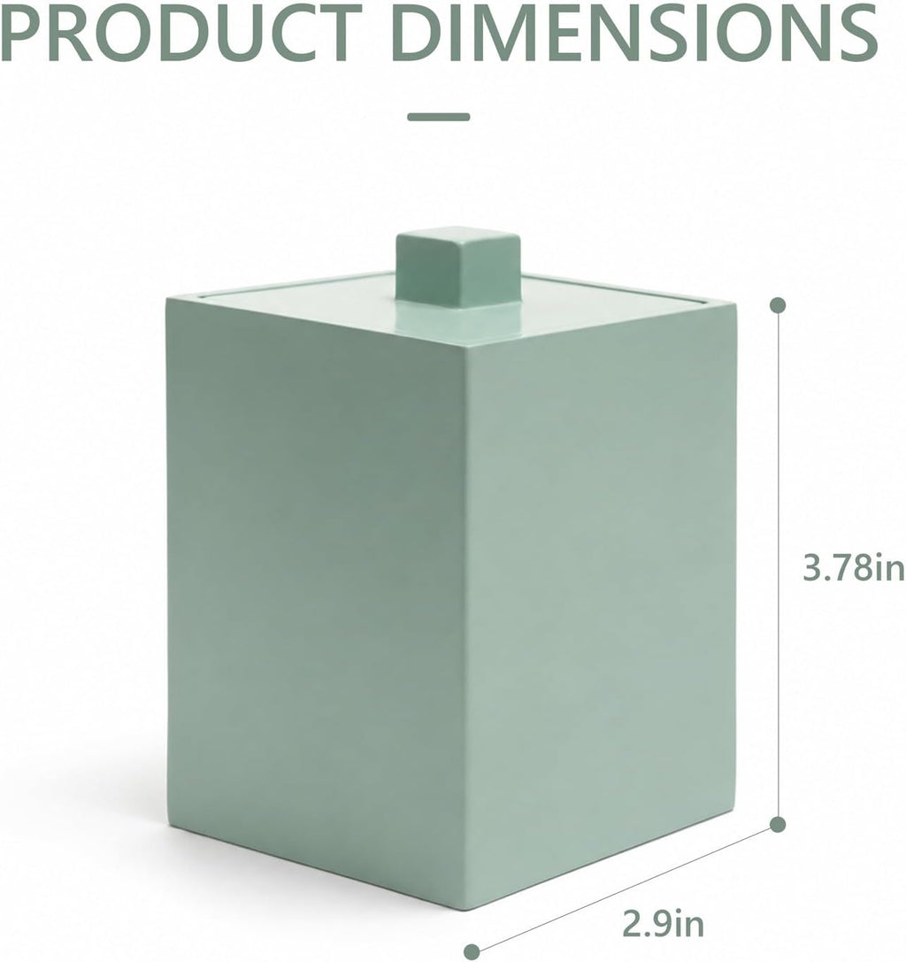 Bathroom Qtip Holder with lid, Resin Jar ,Square, Matte Green
