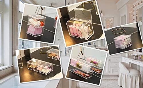 Square Acrylic Cotton Ball Pads Gauze Swab Holder Organizer Q-tip Dispenser Storage Canister Bathroom Container Flossers Box Case (9.3x3.7x5.1 in, 2 Tiers, 4 Partitions, Transparent)