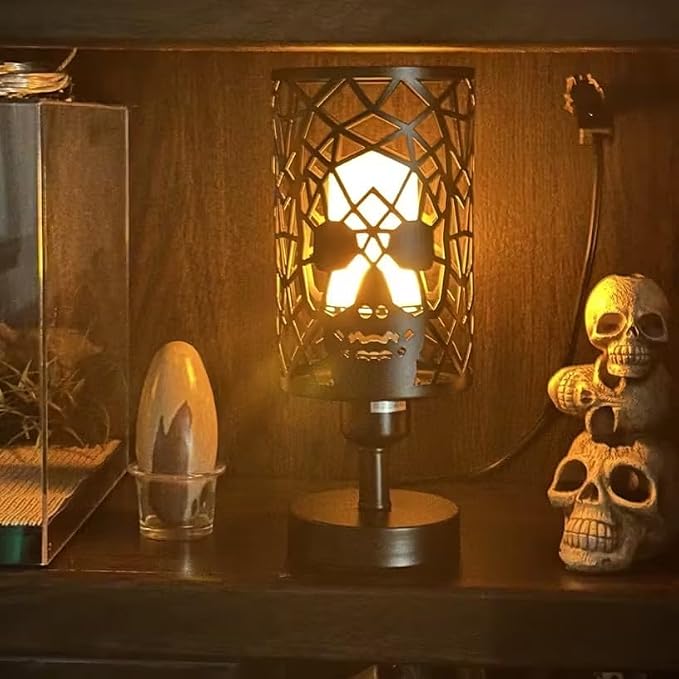 Skull Table Lamp with Plug-in Switch, Black Industrial Bedroom Lamp