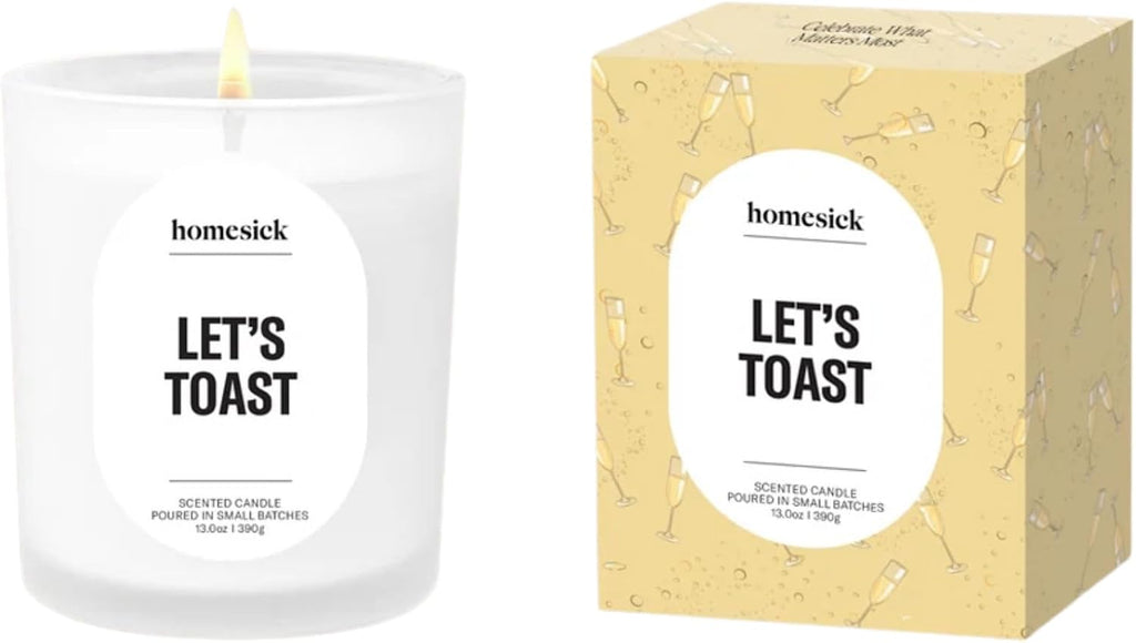 Homesick Let's Toast Scented Candle – 13 oz in Champagne Grapes Scent, Natural Soy Wax, Non-Toxic, 80 Hour Burn Time, Organic Cotton Wick, Reusable Jar for Wedding & Engagement Gifts for Couples