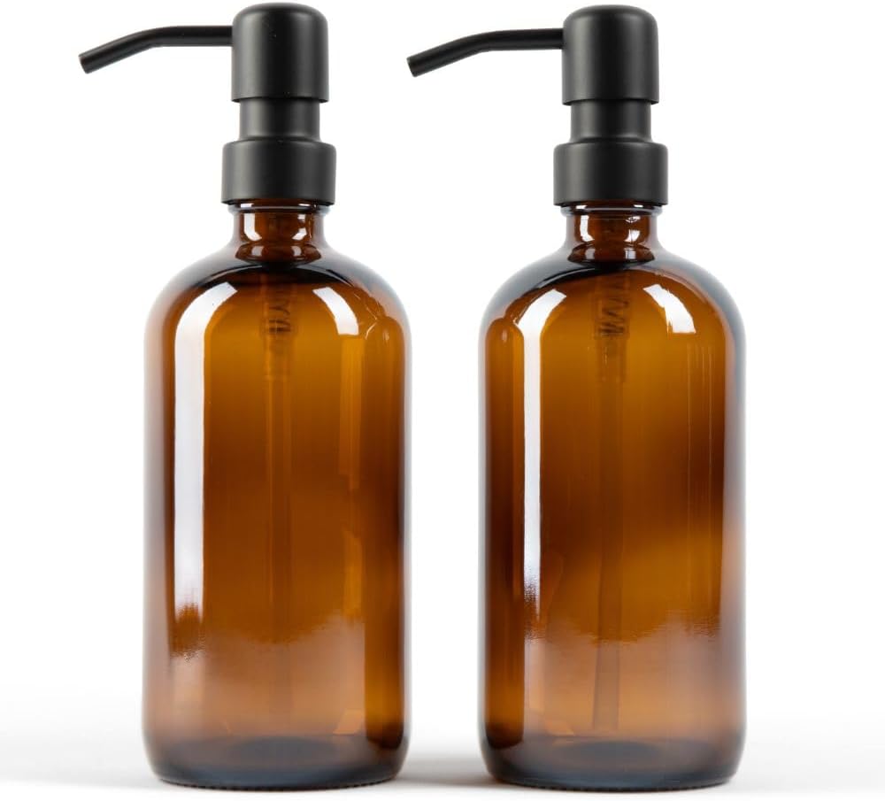 Essentra Home Two 16 oz. Glass Soap Dispensers with Black Pump for Kitchen Sinks, Bathroom Countertop, Shower Refillable Bottles – Waterproof Labels and Foldable Silicon Funnel Included (Amber)