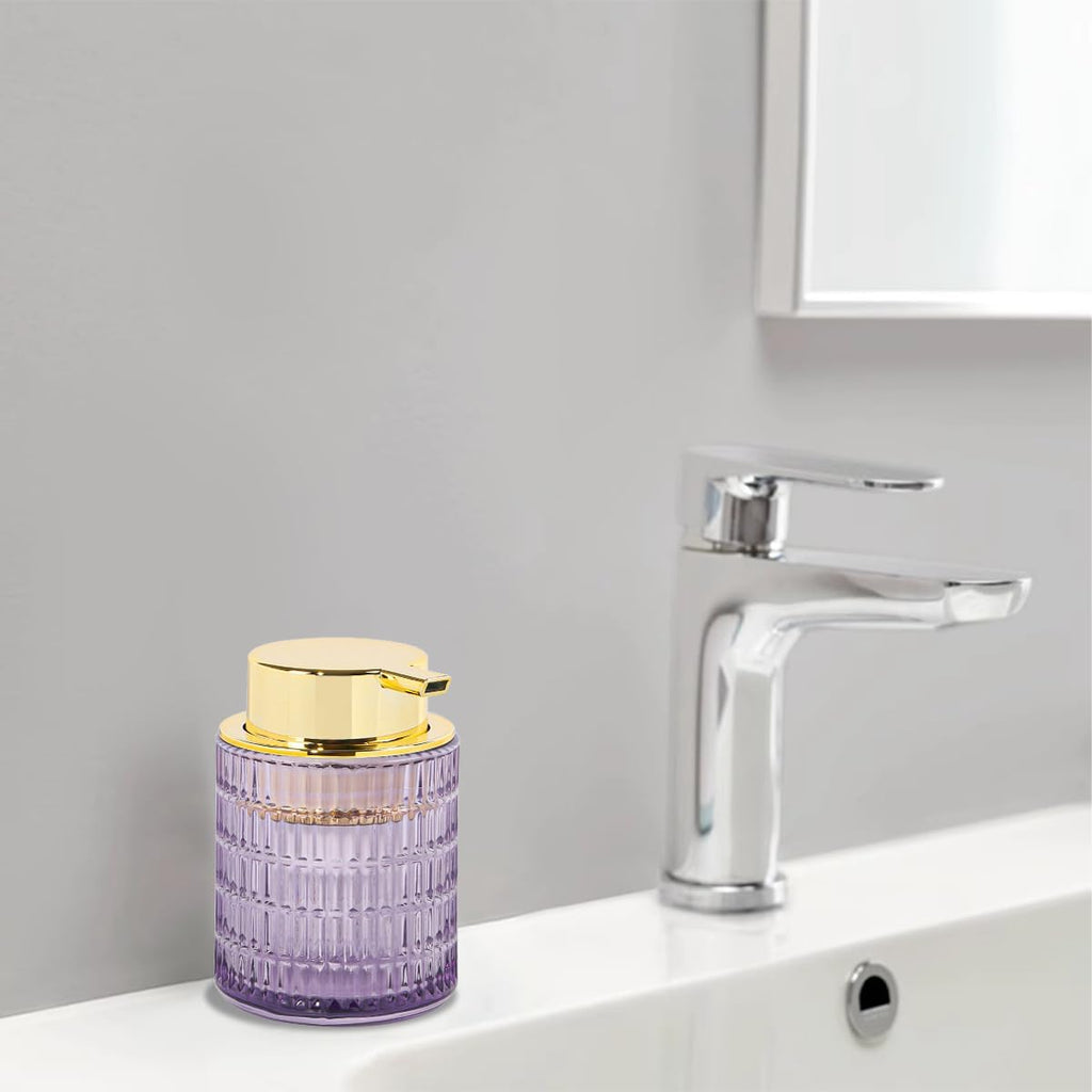 Foaming Soap Dispenser,10 Oz Glass Foam Hand Soap Dispenser for Bathroom and Kitchen,Refillable Foaming Pump Bottle with Large Pump,Modern Striped Dish Soap Foam Dispenser (1, Purple)