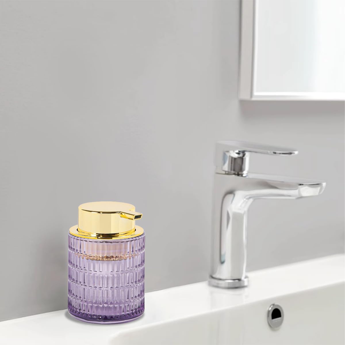 Foaming Soap Dispenser,10 Oz Glass Foam Hand Soap Dispenser for Bathroom and Kitchen,Refillable Foaming Pump Bottle with Large Pump,Modern Striped Dish Soap Foam Dispenser (1, Purple)