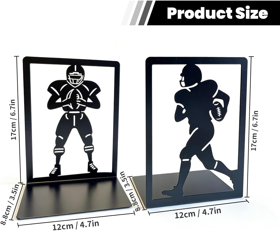 Metal Decorative Bookends Set, Spider Web & Football Player Silhouette, Sturdy Non-Slip Book Holders for Shelves, Black (Sports Football - 1 Pair (2 Pcs))