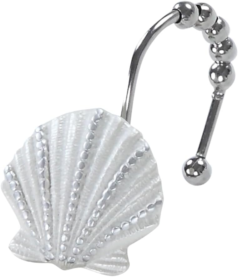 Coastal Seashell Shower Curtain Hooks, Under the Sea Beach Starfish Bathroom Shower Curtain Hooks Rust Proof, 5 Roller Ring Balls White Decorative Shower Hooks for Shower Curtain, Set of 12
