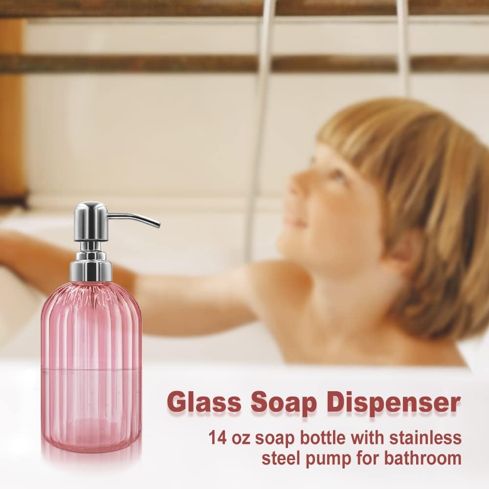 14 Oz Glass Soap Dispenser with 304 Rust Proof Stainless Steel Pump, Refillable Hand Liquid Soap Dispenser for Bathroom, Kitchen, Countertop, Laundry Room (Pink)