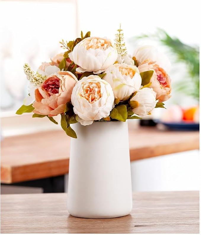 Queen Bee Silk Peony Bouquet with Ceramic Vase Included Large Size 14" Wedding Centerpiece Events Birthday Gift Bridal Baby Shower Floral Arrangement Artificial Fake Flowers (Champagne)