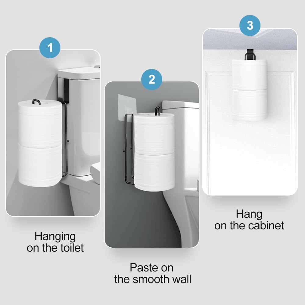 Matte Black Extra Toilet Paper Storage for 2 Roll Tissue Over The Tank Toilet Paper Roll Holder Stainless Steel Adhesive Hanging Toilets Tissue Holder Wall Mounted for Bathroom RV Camper(2 Pack)