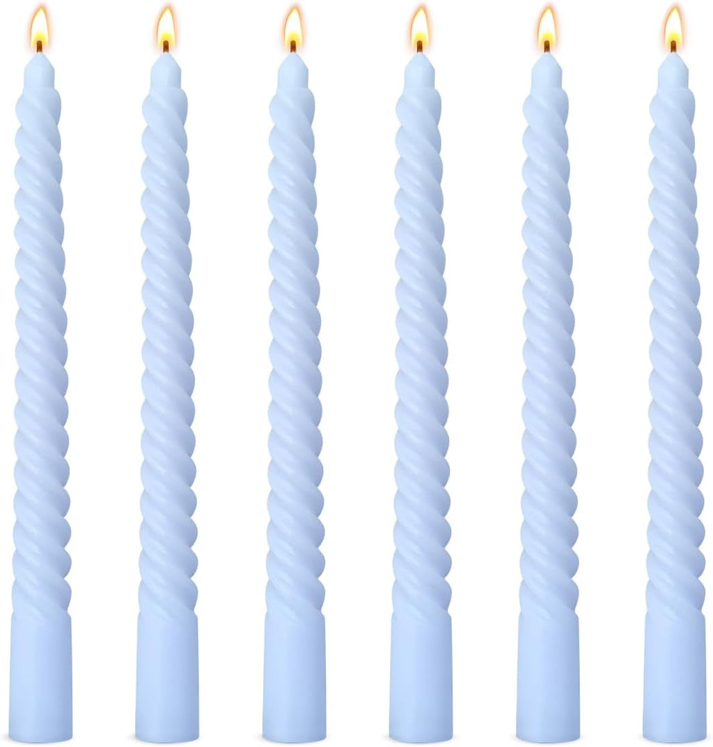 6 Pack 10 Inch Baby-Blue Spiral Taper Candles for Hanukkah and Winter Home Decoration, Unscented Dripless Twisted Candlesticks for Dinner Beach-Themed Decor Relaxation and Meditation