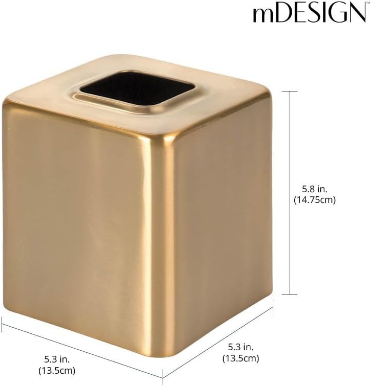 mDesign Metal Square Tissue Box Cover, Modern Facial Paper Holder - Accessories for Bathroom Vanity Countertop, Bedroom Dresser, Night Stand, Desk, Office and End Table - Unity Collection - Soft Brass