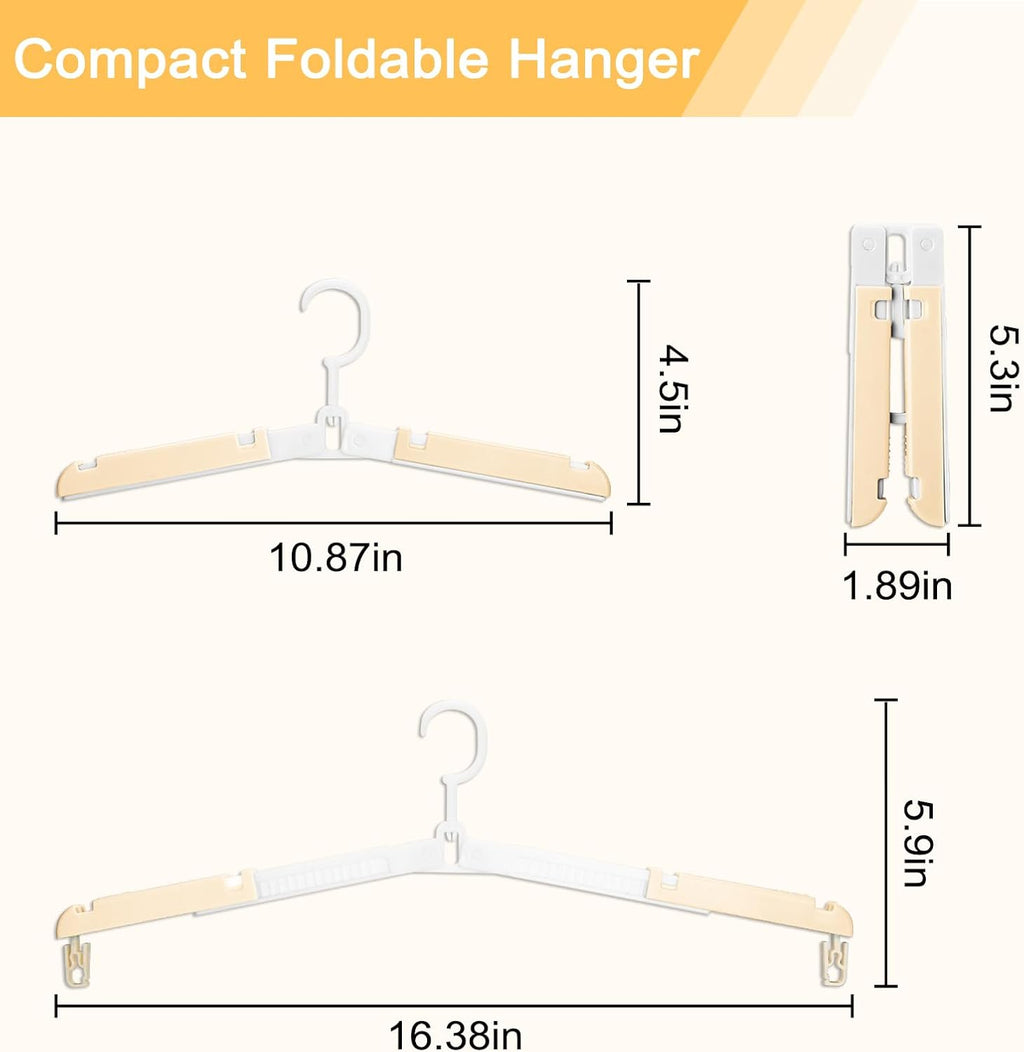 Foldable Travel Hangers for Cruise, 6 Pack Portable Collapsible Hangers with Clips, Folding & Space-Saving Suitcase Hangers for Travel, (Beige-White)