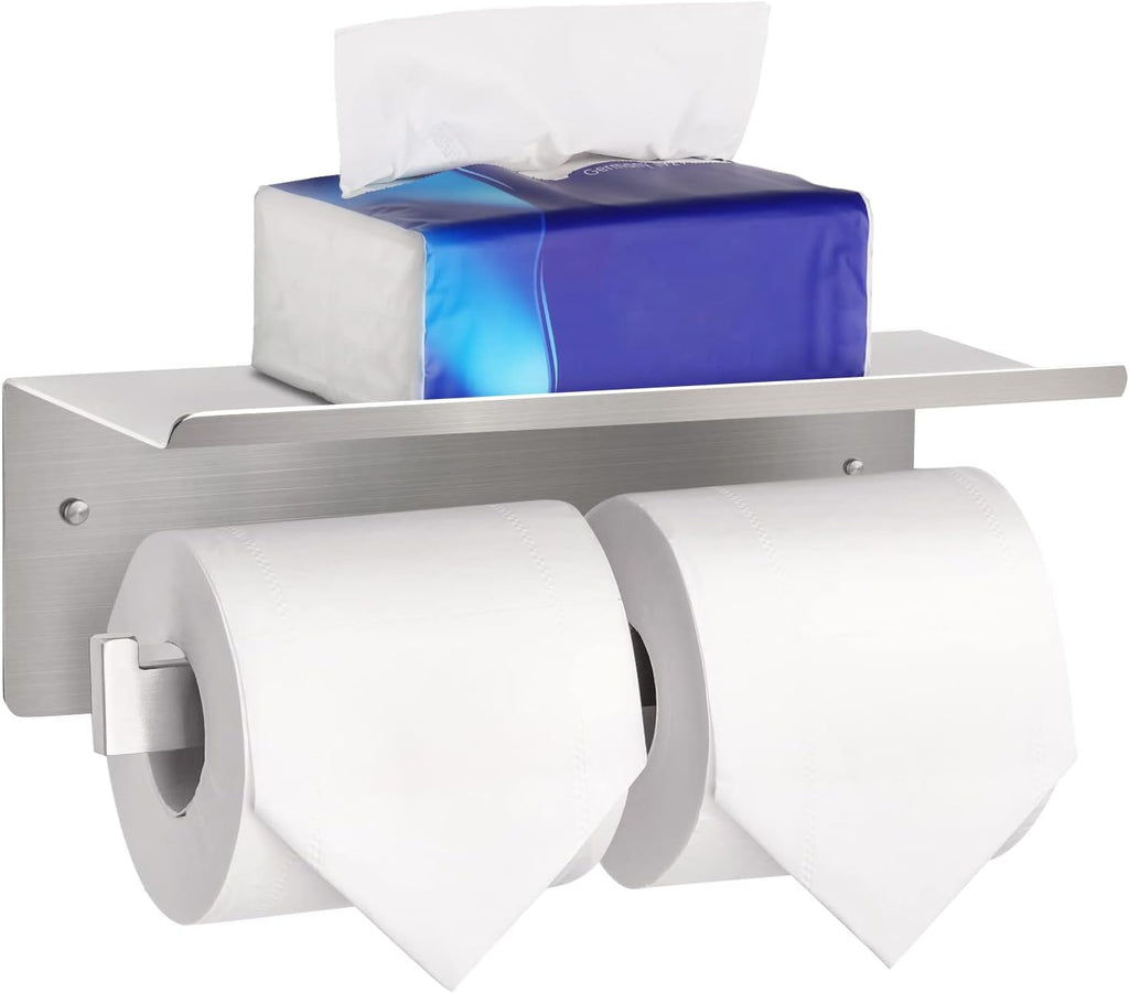 Double Toilet Paper Holder with Shelf,Idealmax Toilet Paper Holder Brushed Nickel,Large Commercial Toilet Paper Dispenser Phone Shelf, Wall Mounted Tissue Roll for Bathroom, Stainless Steel