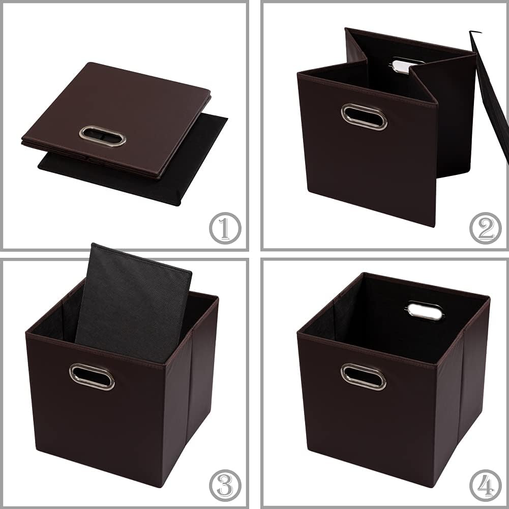 PRANDOM Leather Foldable Cube Storage Bins 13x13 inch [4-Pack] Fabric Storage Baskets Cubes Drawer with Cotton Handles Organizer for Shelves Nursery Closet Bedroom Clothes Brown