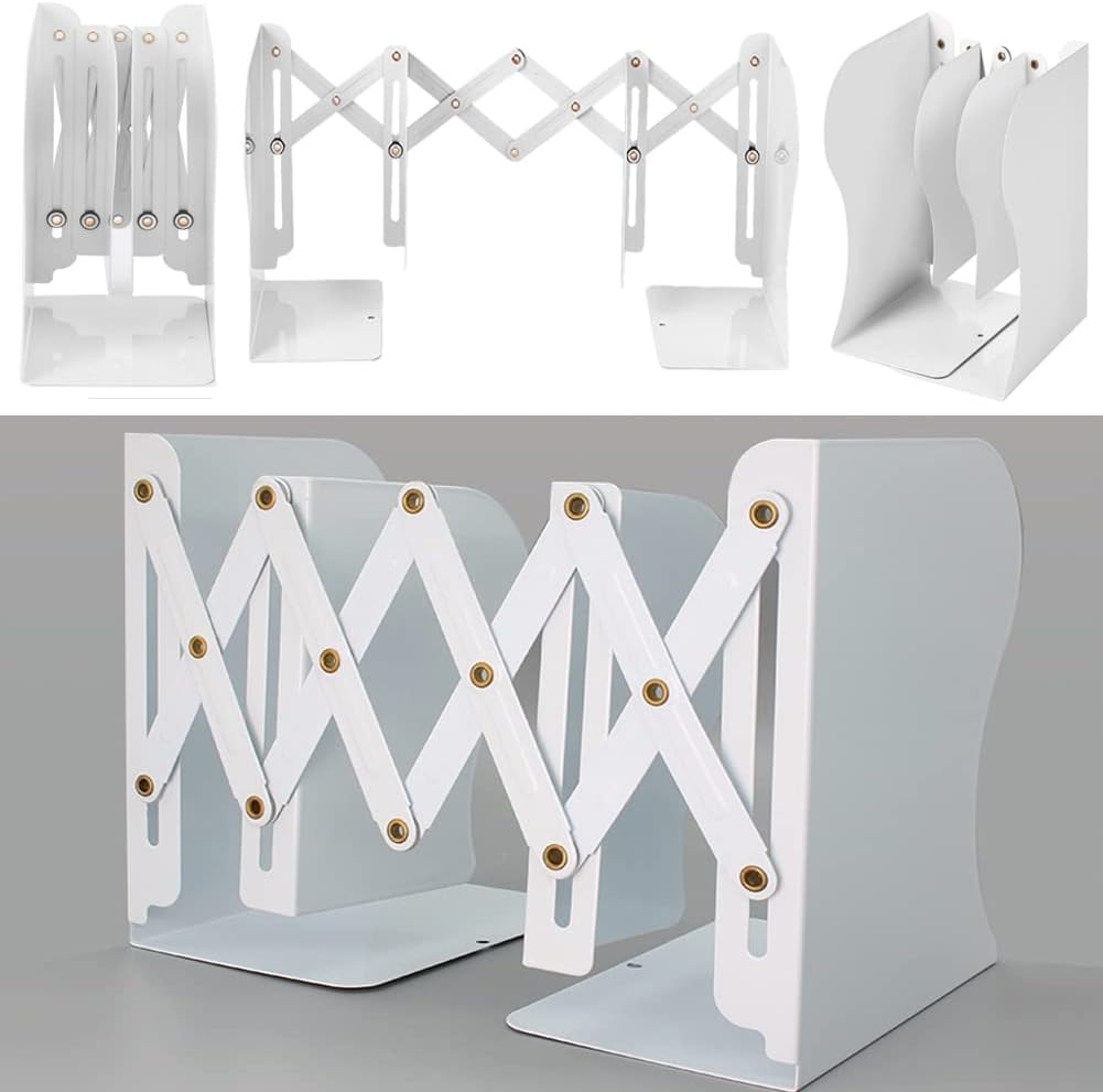 Metal Bookends for Heavy Books, Sturdy Book Stopper to Hold Books Heavy Duty, Adjustable Book Ends for Office & School (White)
