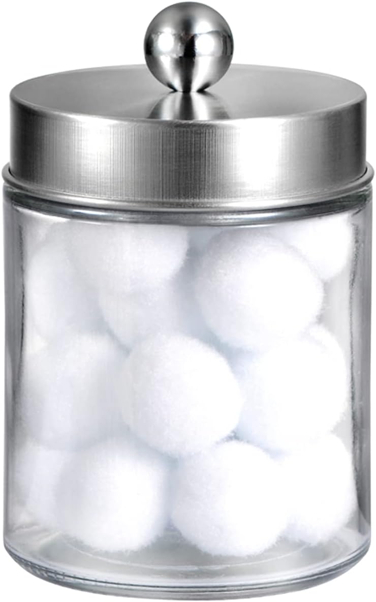 Amolliar Apothecary Jar Qtip Holder w/Metal Lid, Glass, Brushed Nickel