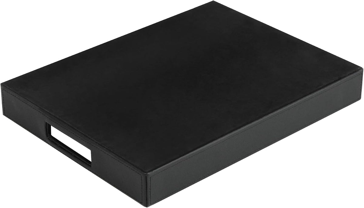 HofferRuffer Rectangle Serving Tray with Hole Handles for Coffee Table, Breakfast, Tea, Food, Butler - Countertop, Kitchen, Vanity Serve Tray, 16.2 x 12.2 x 2 inches, Faux Leather Tray (Black)