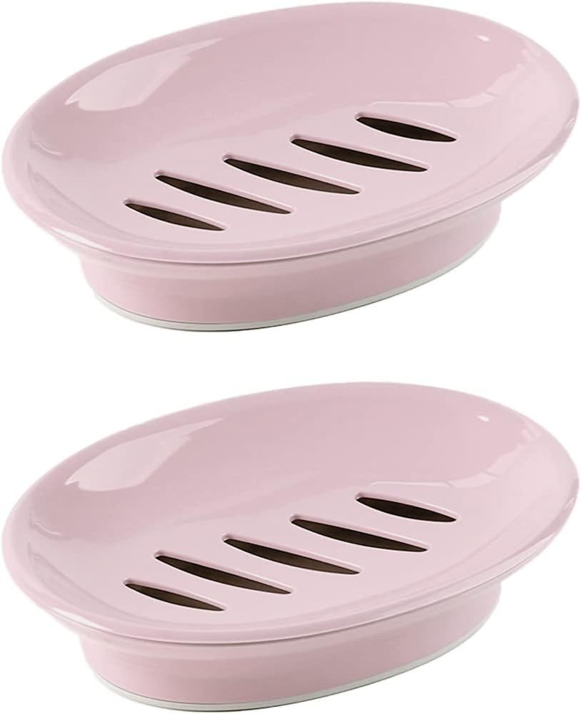 WYOK 2-Pack Soap Dish Plastic Soap Holder with Drainage for Shower (Pink)