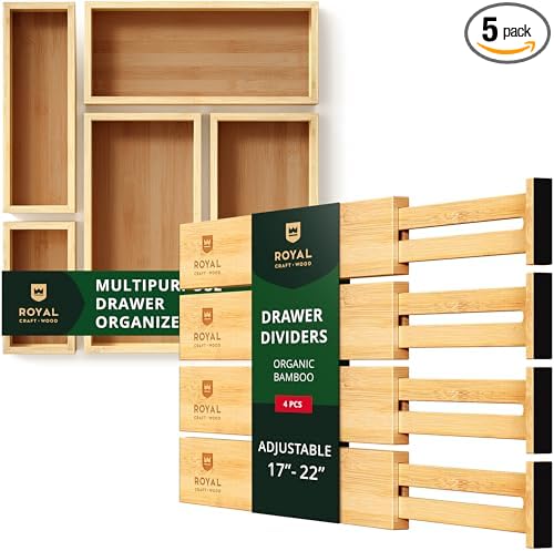 ROYAL CRAFT WOOD Adjustable Bamboo Drawer Dividers Organizers (17-22") - Multipurpose Storage Boxes 5 pcs