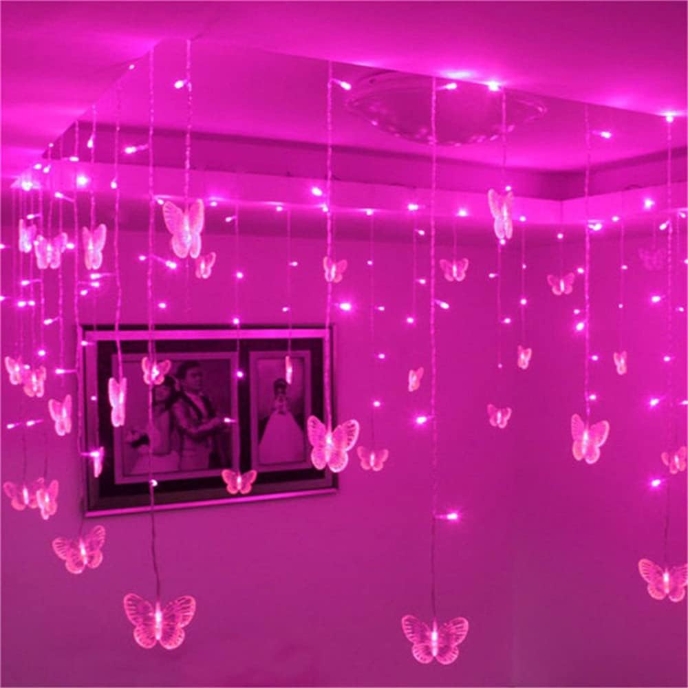 Lainin USB Powered String Light 13FT 96LED Curtain Light 18 Butterflies Strings 8 Mode Fairy Light Strip for Party Indoor Outdoor Room Garden Wall Wedding Christmas Xmas Decorations (Pink)