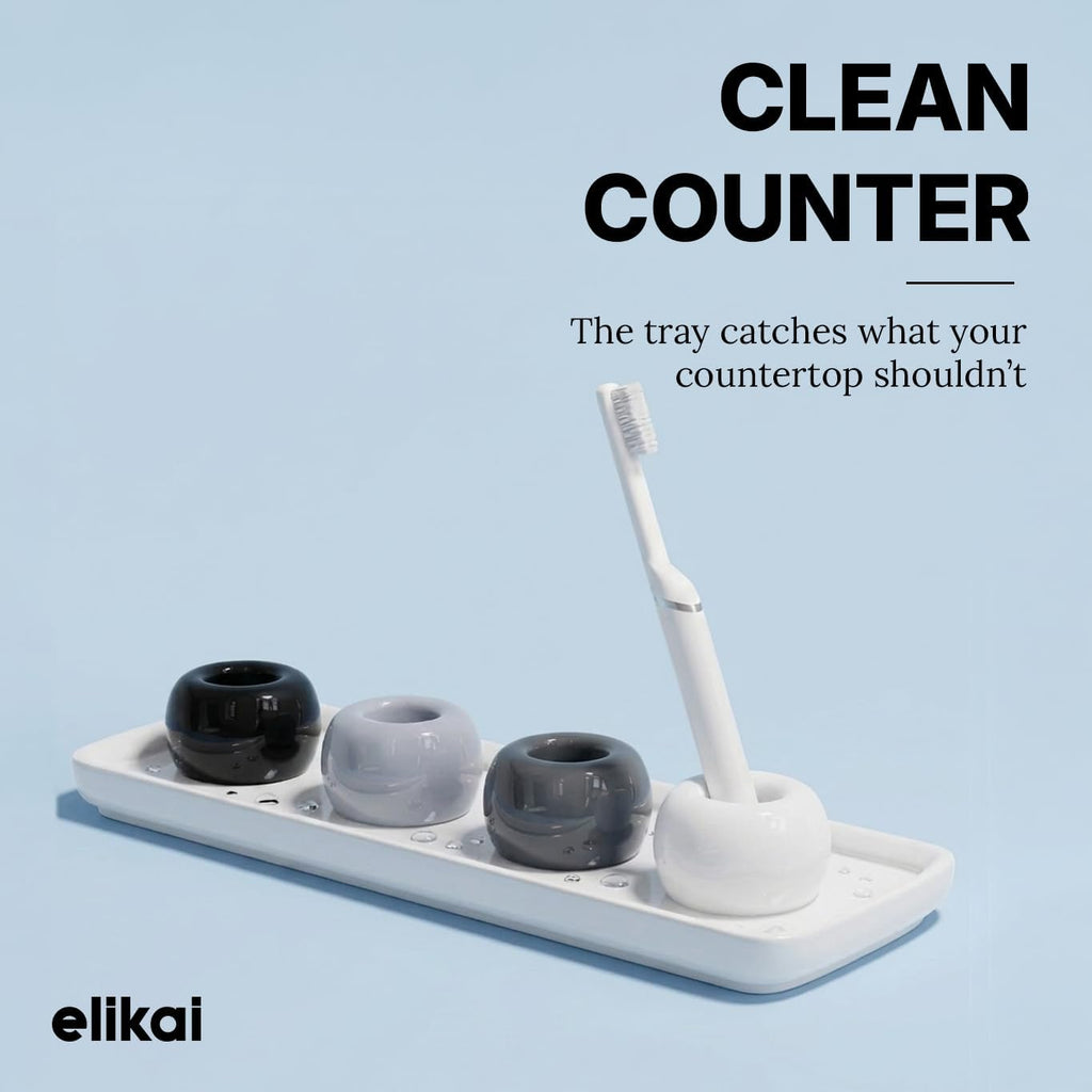ELIKAI Ceramic Toothbrush Holders with Bathroom Tray, Countertop Organizer for Toothbrushes and Accessories, Hygienic Individual Holder Set (Black, Grey & White, 4 Holders)