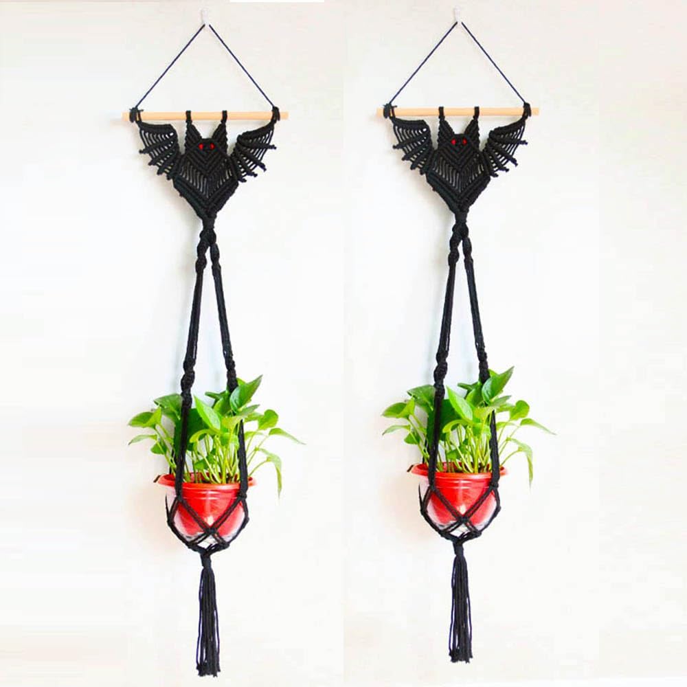 2-Pack Boho Bat Shape Gothic Plant Hanger, Macrame Handmade Pot Holder with Wooden Stick, Black Color Pot Holder for Indoor/Garden/Porch Decoration 40"X11.8" (No Pot & Plant Included)