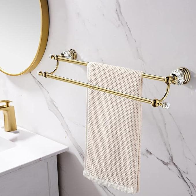 WINCASE Crystal Towel Holder Double, Adjustable Gold Towel Bar 18 to 30 Inch, Towel Rack Rail for Bathroom Wall Mounted