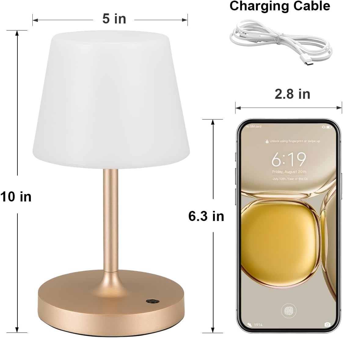 Kakanuo Champagne Gold Shower Lamp Waterproof, Rechargeable Cordless Lamp with 4000mAh Battery, Touch Dimmable Table Lamp for Outdoor, Kitchen, Bathroom, Camping, Patio, IP54