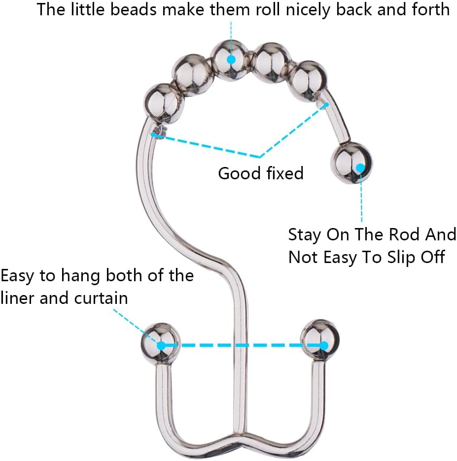 DAWNER Shower Curtain Hooks, Rust Proof Metal Easy Glide Double Rings, Stainless Steel Hangers for Bathroom Curtains, Set of 12, Brushed Nickel (Pack of 3)