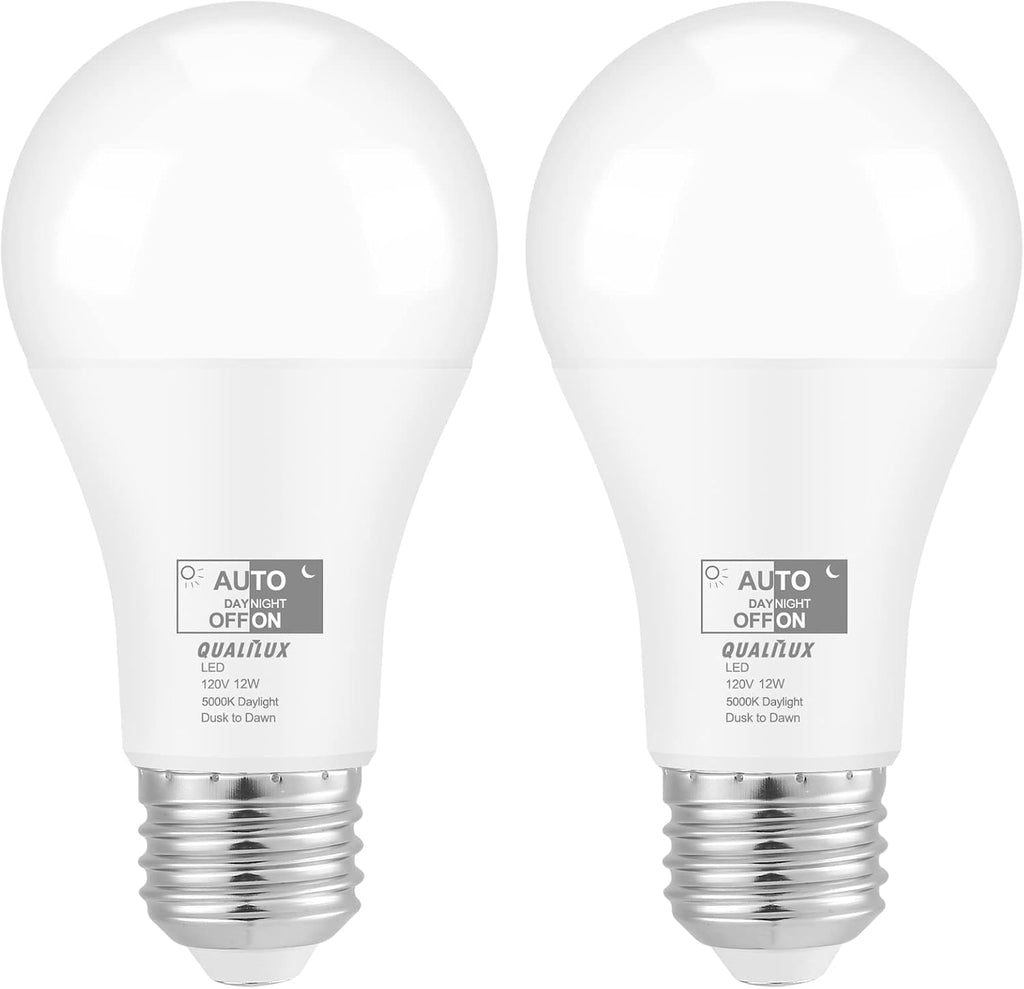 Qualilux Dusk to Dawn Light Bulbs, Auto On/Off Light Sensing LED Bulbs Outdoor, Daylight, A19 2-Pack, 12W 1000LM 75W Equivalent, HQ-H023