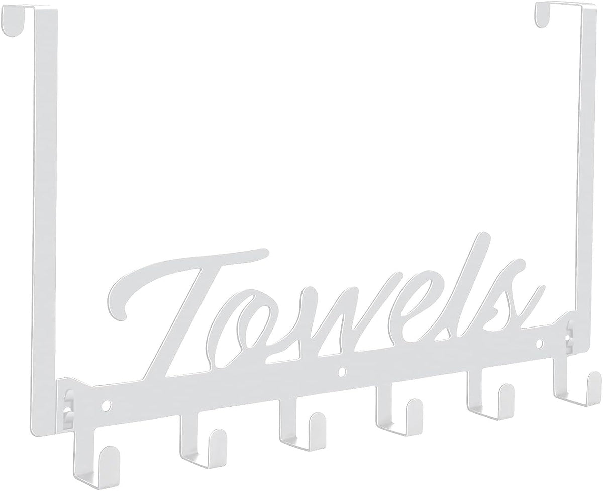 Azmoncy Over The Door Hooks - Wall Mount Towel Hanger with 6 Hooks for Bedroom Bathroom Kitchen Towels, Bag, Coats, Hats - White