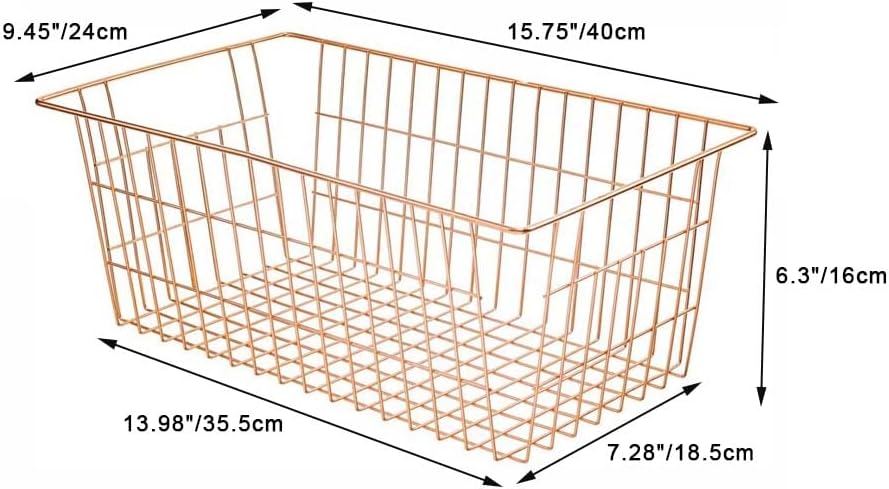 SANNO Wire Storage Basket, Farmhouse Pantre Freezer Baskets bins Metal Baskets Kitchen Storage Organizer Bin for Pantry, Shelf, Freezer, Kitchen Cabinet, Bathroom, Rose Gold