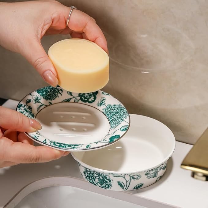 Floral Self Draining Soap Dish, Vintage Round Soap Tray(Style D)