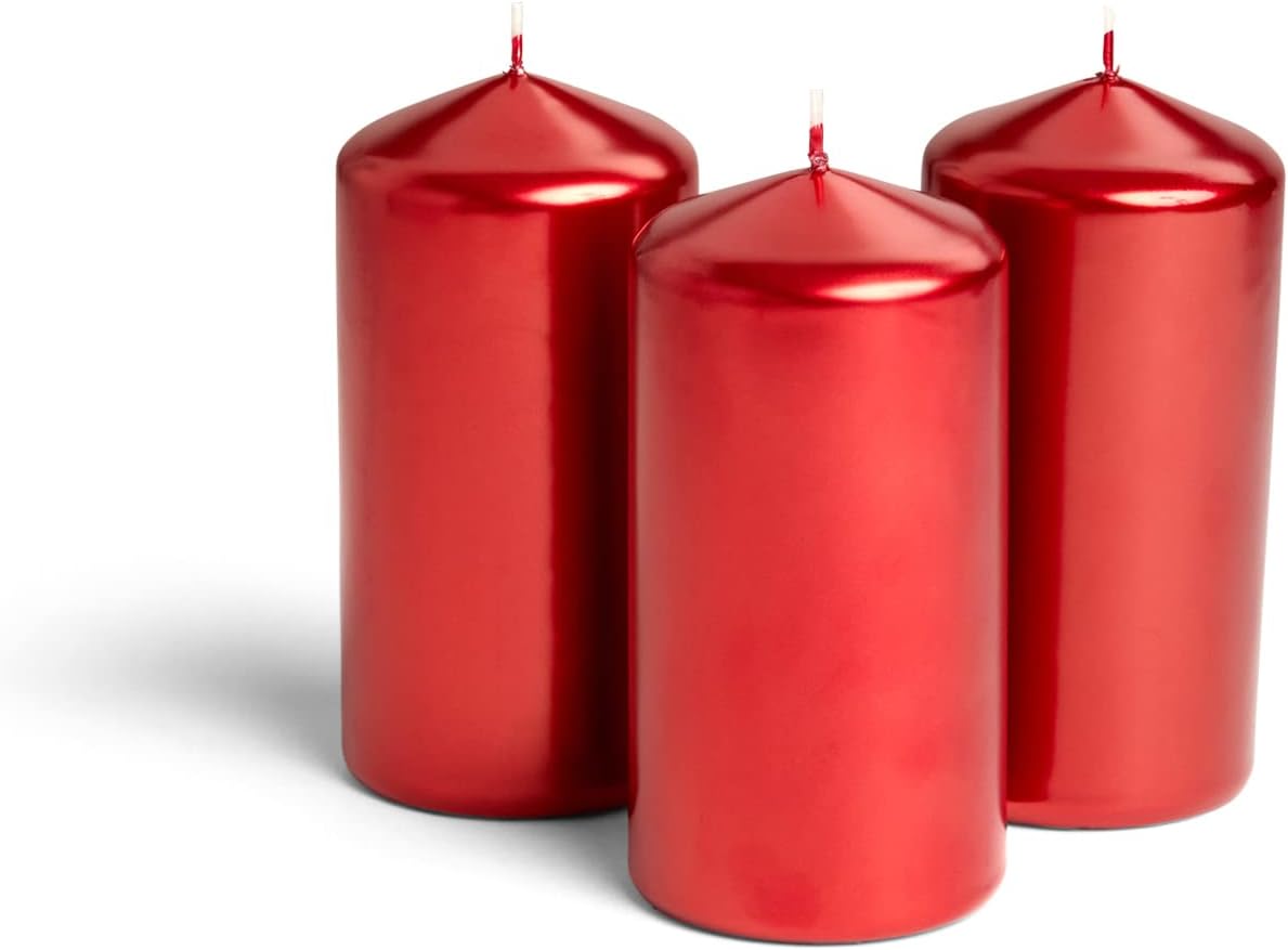 Metallic Cone Top Pillar Candles by Bask - Set of 3-3" x 6" Dripless Unscented Holiday Candles in Metallic Red for Home Decor, Relaxation & All Occasions