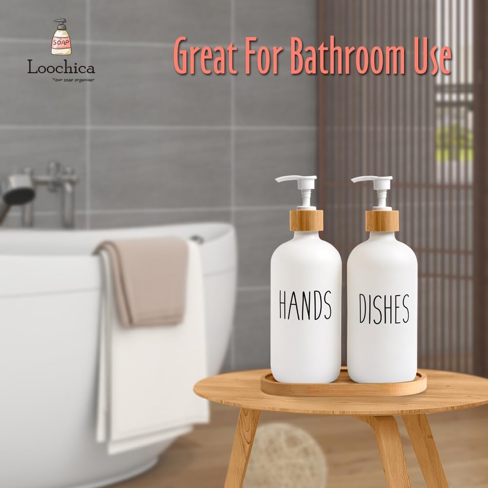 LOOCHICA Glass Soap Dispenser Set with Tray, Contains Glass Hand Soap Dispenser and Glass Dish Soap Dispenser. Matte White soap Dispenser Suitable for The Kitchen Soap Dispenser, Rustic Kitchen Decor
