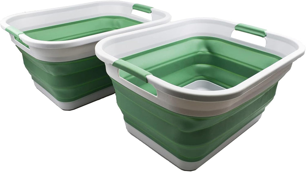 SAMMART 36L (9.5 gallon) Collapsible Plastic Laundry Basket - Foldable Pop Up Storage Container/Organizer - Portable Washing Tub - Space Saving Hamper/Basket (Grey/Dark Sea Green (Set of 2))