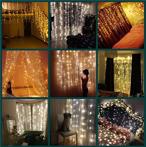 300 LED Fairy Curtain Window String Lights, Indoor String Lights 10 Ft with 8 Modes Fits Remote and Timer for Bedroom Wedding Party Patio and Christmas Decoration (Cold White)