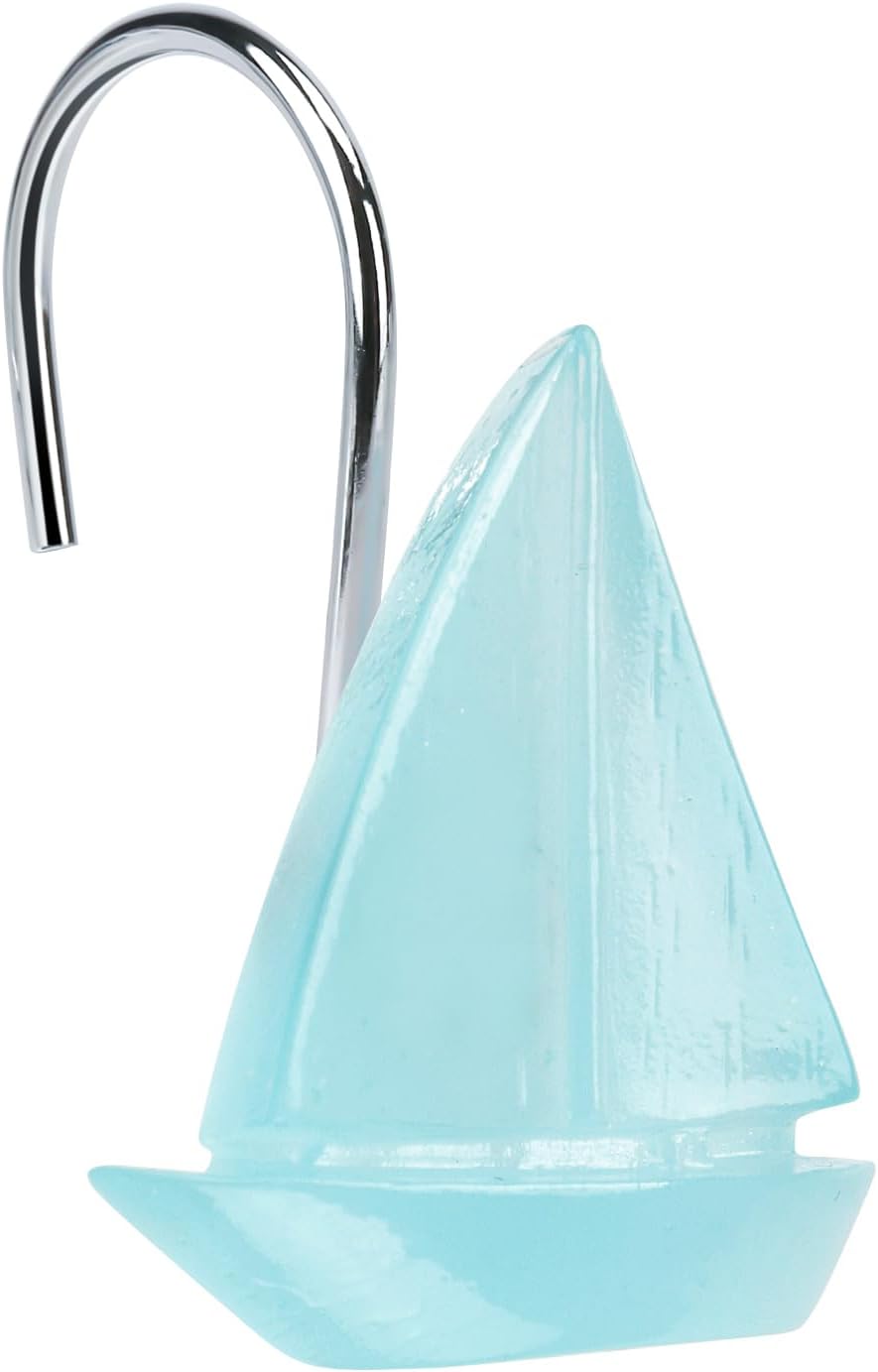 Nautical Shower Curtain Hooks, Tropical Ocean Style Blue Anchor, Rudder, Sailboat, and Lighthouse, Glow in The Dark Summer Bathroom Decor Accessories, Fun Voyage Unique Sea Theme