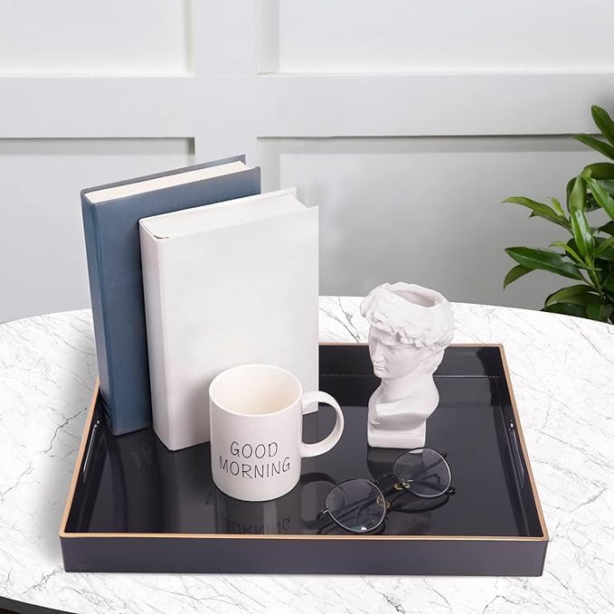 MAONAME Black Decorative Tray, Rectanrle Plastic Serving Tray with Handles