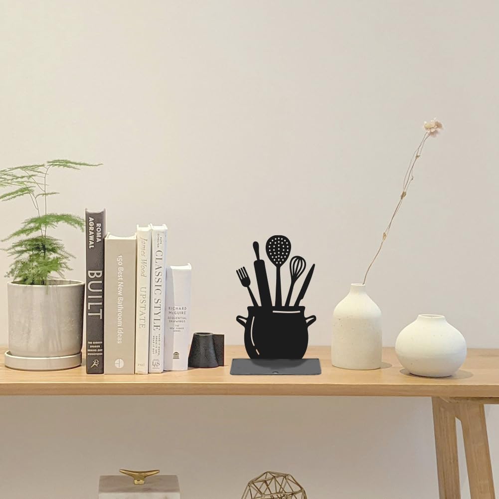 2pcs Large Kitchen Book Ends Spoon Decorative Cookbook Metal Bookends with Non-Slip Mat Cookbook Storage Books Stoppers Gift for Birthday(Black) Back to School